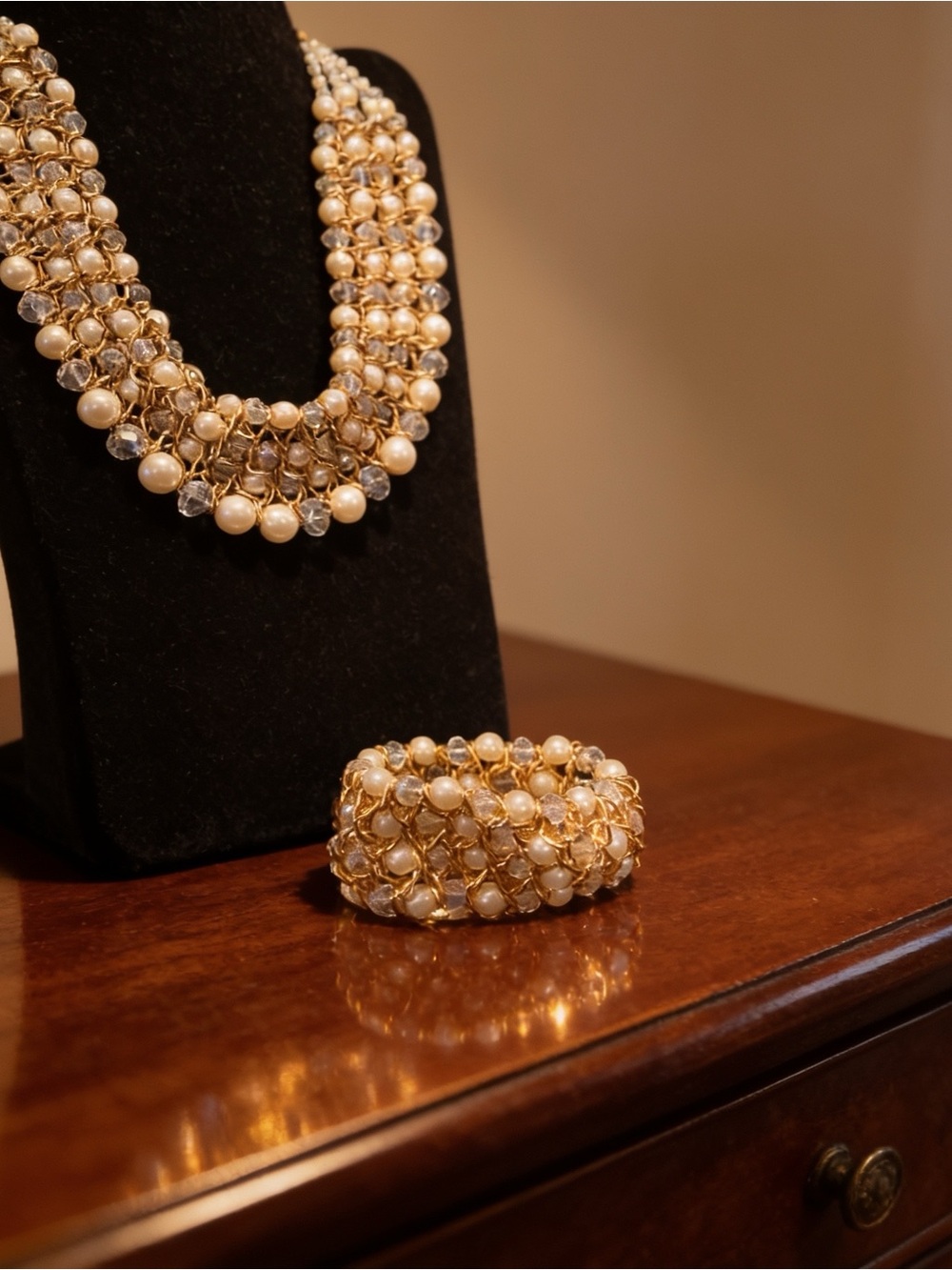 Vintage Gold Tone Pearl & Crystal Bead Choker Necklace and Bracelet Set